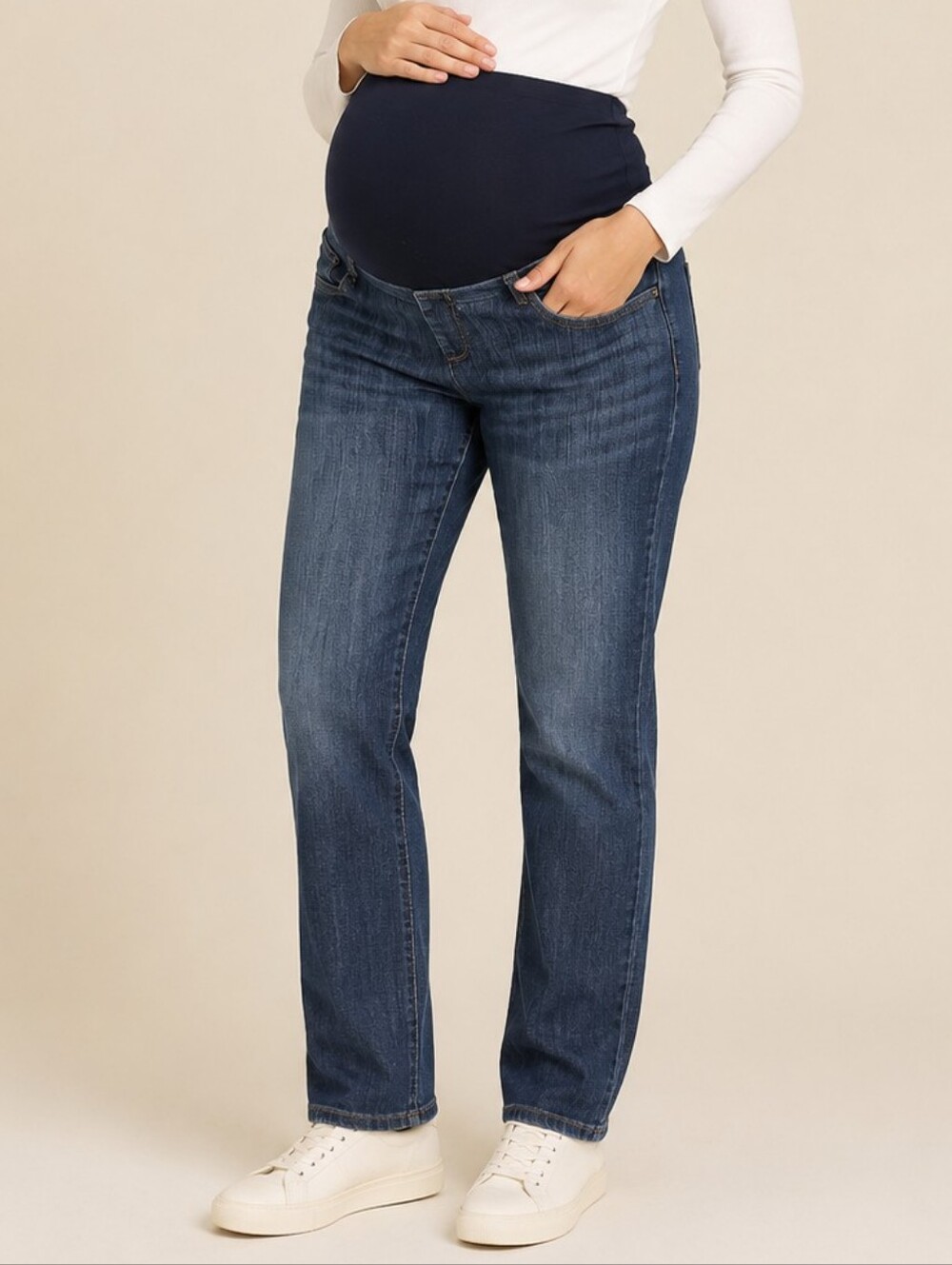 Motherhood Maternity Straight Leg Jeans Blue Womens Medium Dark Wash Knit Panel